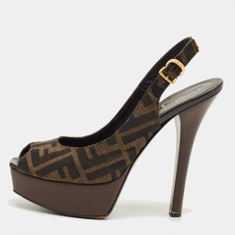 Pre Owned Fendi Fendista Size 37  Brown Zucca Canvas Slingback Sandals