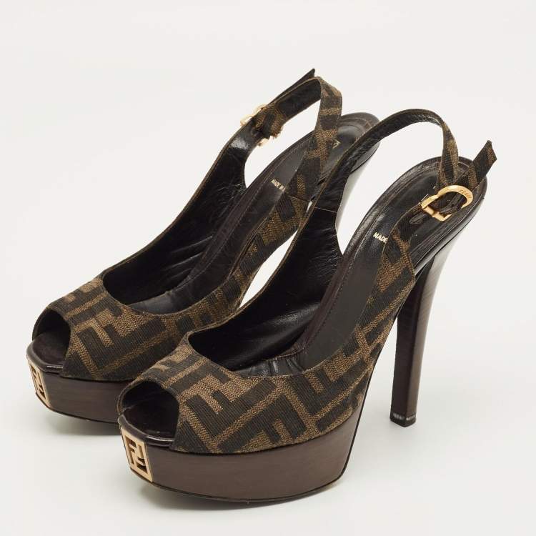 Pre Owned Fendi Fendista Size 37  Brown Zucca Canvas Slingback Sandals