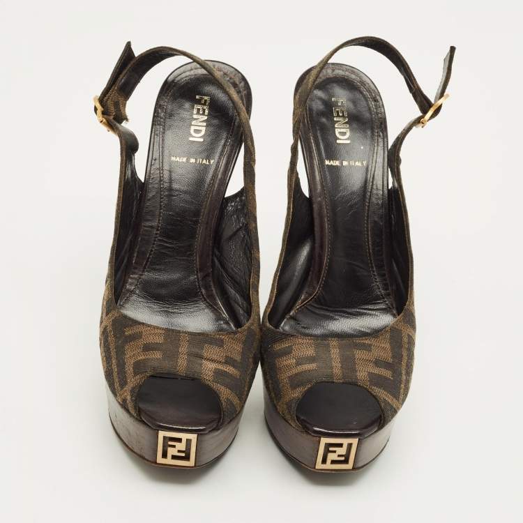 Pre Owned Fendi Fendista Size 37  Brown Zucca Canvas Slingback Sandals