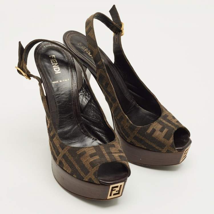 Pre Owned Fendi Fendista Size 37  Brown Zucca Canvas Slingback Sandals