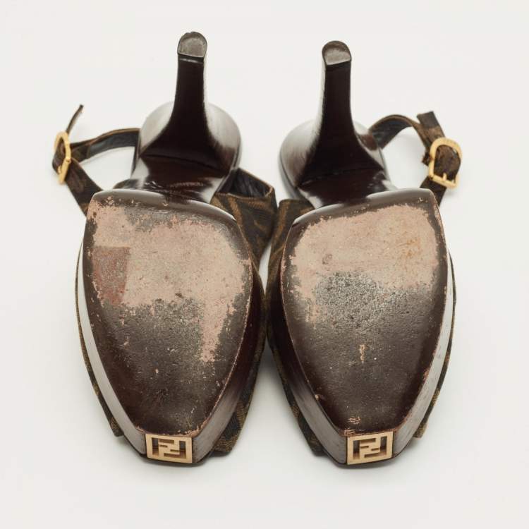 Pre Owned Fendi Fendista Size 37  Brown Zucca Canvas Slingback Sandals