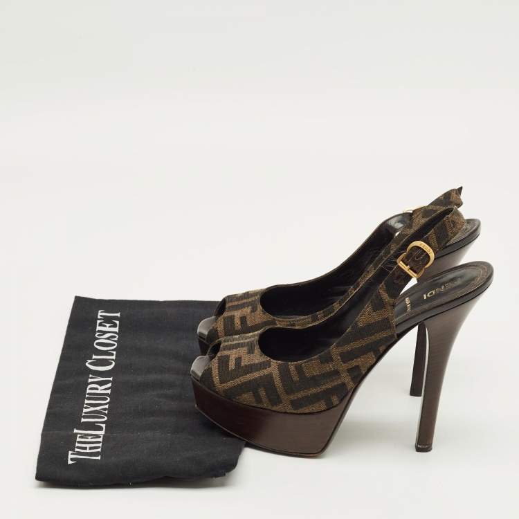 Pre Owned Fendi Fendista Size 37  Brown Zucca Canvas Slingback Sandals