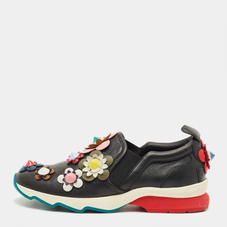 Pre Owned Fendi Flowerland Size 37 Black Leather Slip On Sneakers