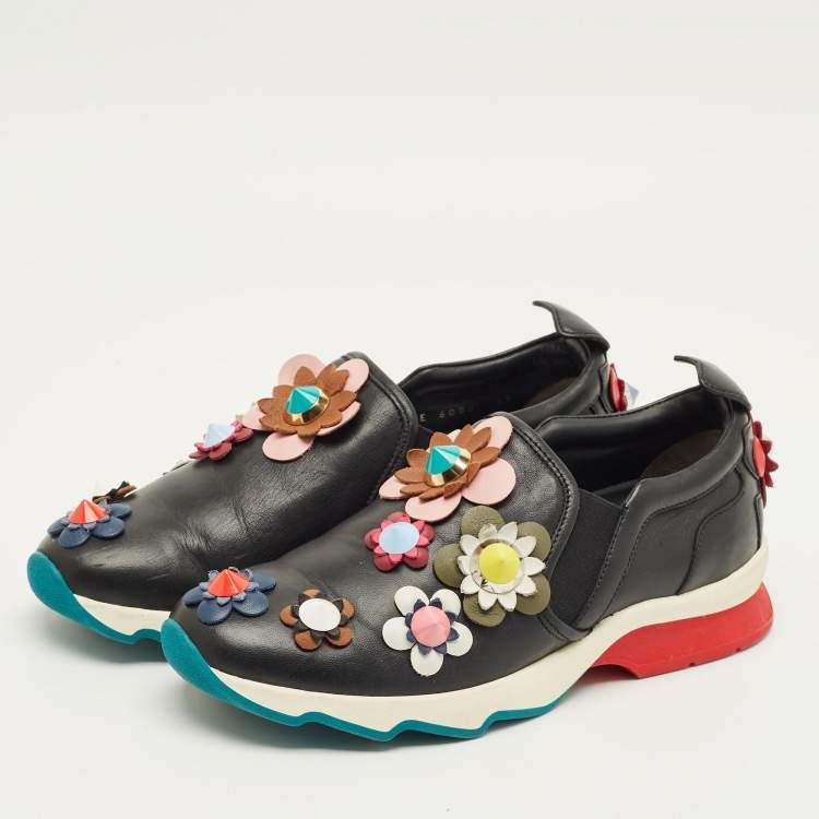 Pre Owned Fendi Flowerland Size 37 Black Leather Slip On Sneakers