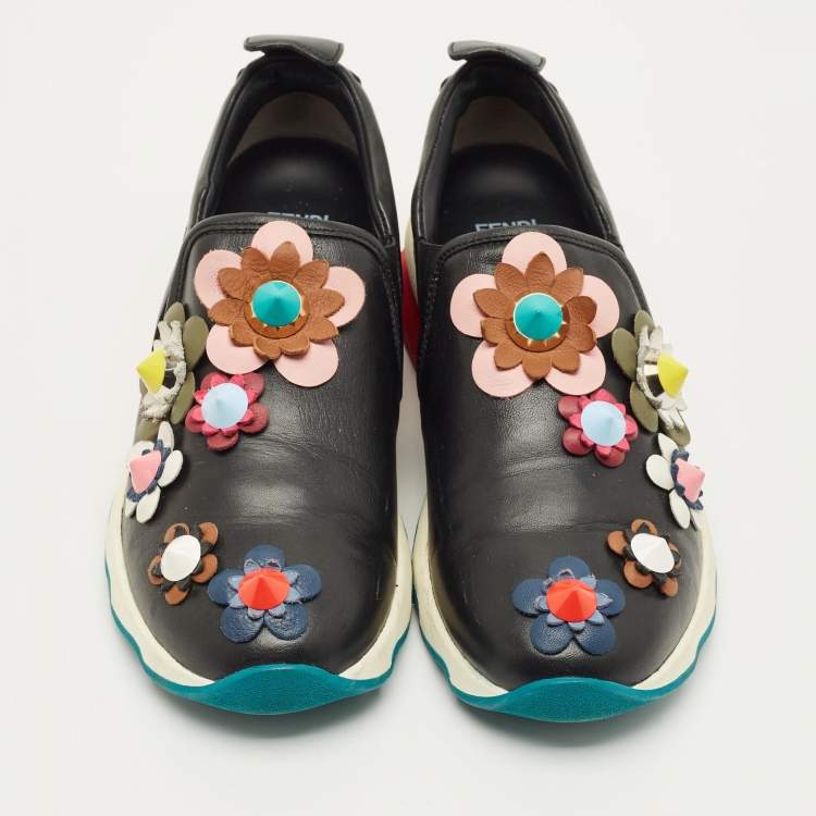 Pre Owned Fendi Flowerland Size 37 Black Leather Slip On Sneakers