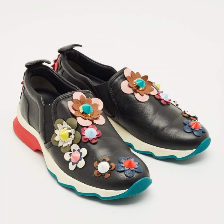 Pre Owned Fendi Flowerland Size 37 Black Leather Slip On Sneakers