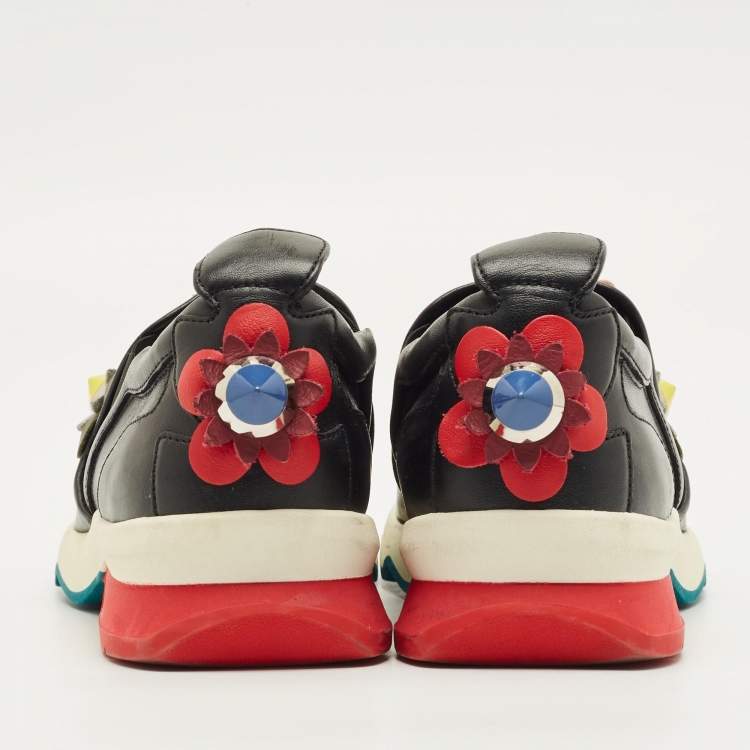 Pre Owned Fendi Flowerland Size 37 Black Leather Slip On Sneakers