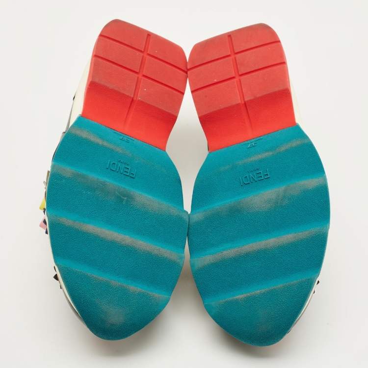 Pre Owned Fendi Flowerland Size 37 Black Leather Slip On Sneakers