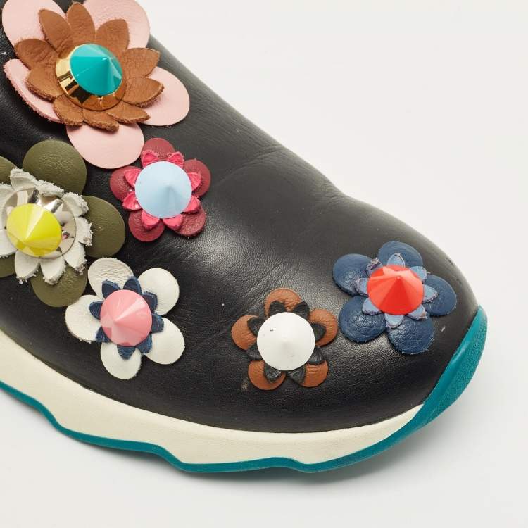 Pre Owned Fendi Flowerland Size 37 Black Leather Slip On Sneakers