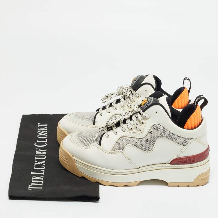 Pre Owned Fendi Size 35.5 White Leather and FF Mesh Low Top Sneakers