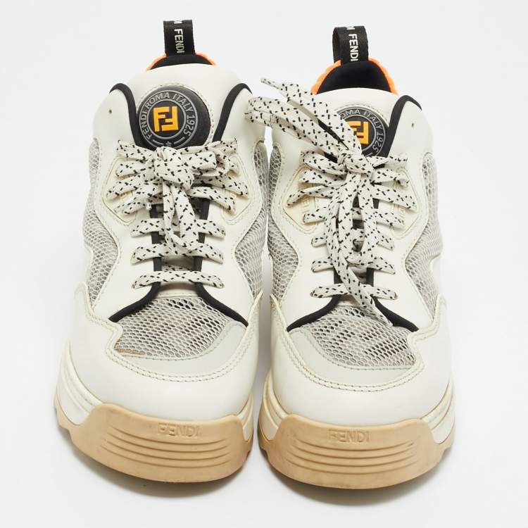 Pre Owned Fendi Size 35.5 White Leather and FF Mesh Low Top Sneakers