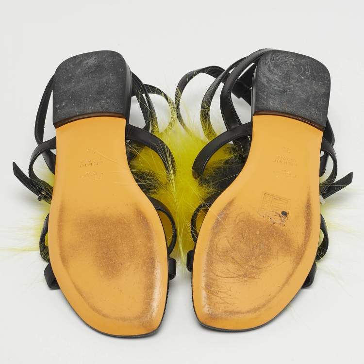 Pre Owned Fendi Size 35 Black/Yellow Leather and Fur Monster Gladiator Flat Sandals