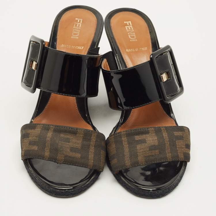 Pre Owned Fendi Size 37 Black Zucca Canvas and Patent Leather Wedge Slide Sandals