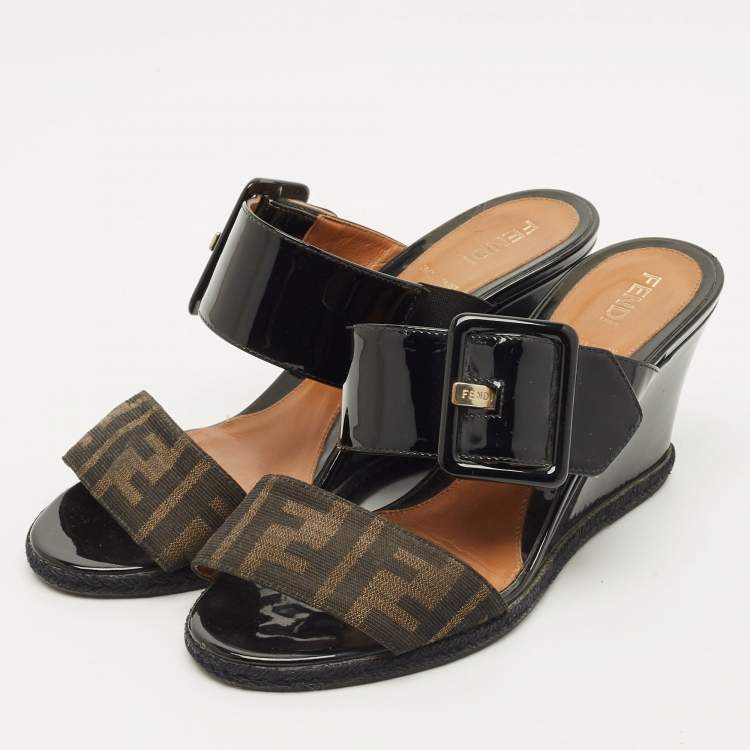 Pre Owned Fendi Size 37 Black Zucca Canvas and Patent Leather Wedge Slide Sandals