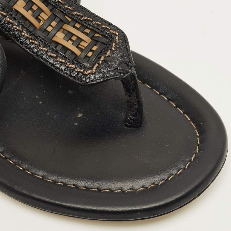 Pre Owned Fendi Size 35 Black/Brown Leather Ankle Strap Flat Sandals