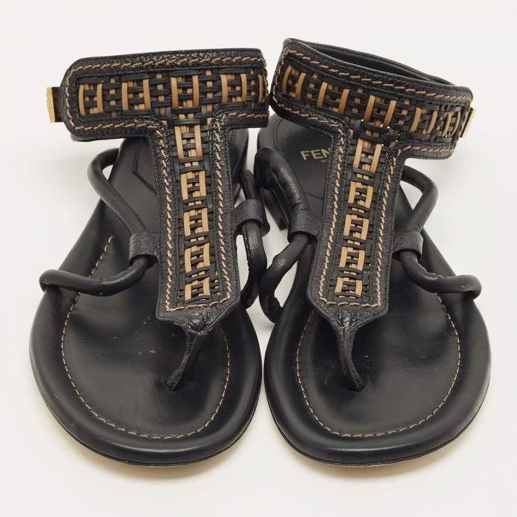 Pre Owned Fendi Size 35 Black/Brown Leather Ankle Strap Flat Sandals