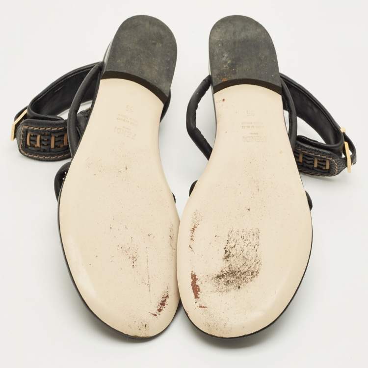 Pre Owned Fendi Size 35 Black/Brown Leather Ankle Strap Flat Sandals