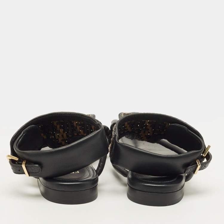 Pre Owned Fendi Size 35 Black/Brown Leather Ankle Strap Flat Sandals