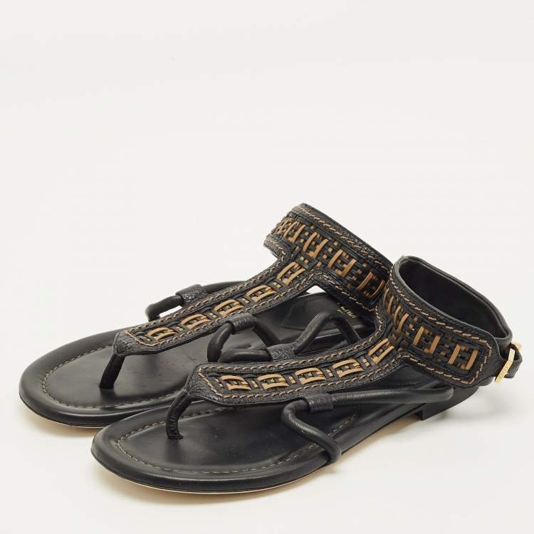 Pre Owned Fendi Size 35 Black/Brown Leather Ankle Strap Flat Sandals