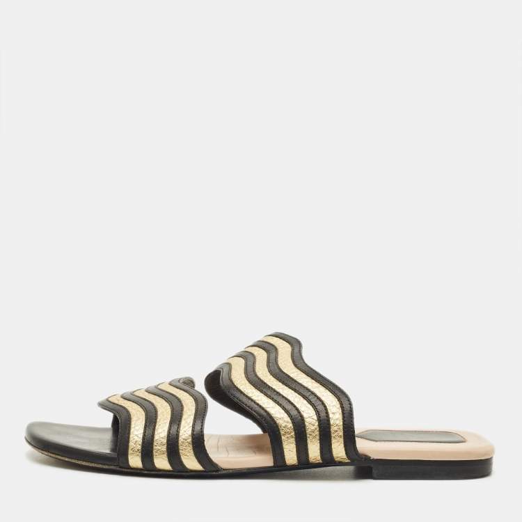 Pre Owned Fendi Striped Wave Size 38 Black/Gold Leather Flat Slide