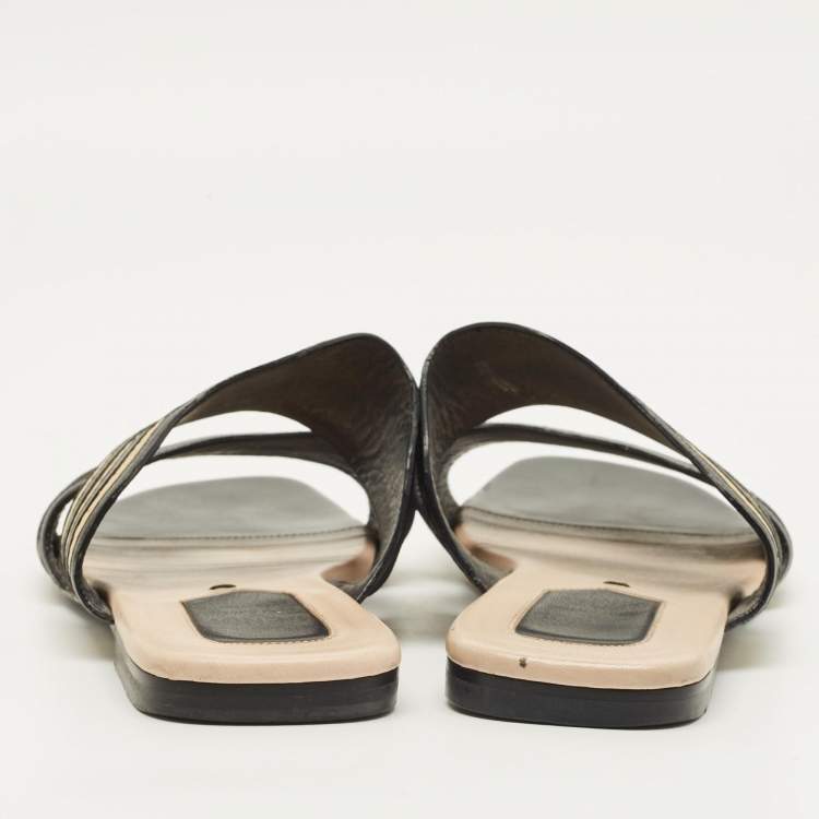 Pre Owned Fendi Striped Wave Size 38 Black/Gold Leather Flat Slide