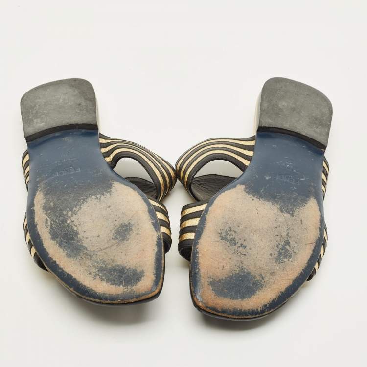 Pre Owned Fendi Striped Wave Size 38 Black/Gold Leather Flat Slide