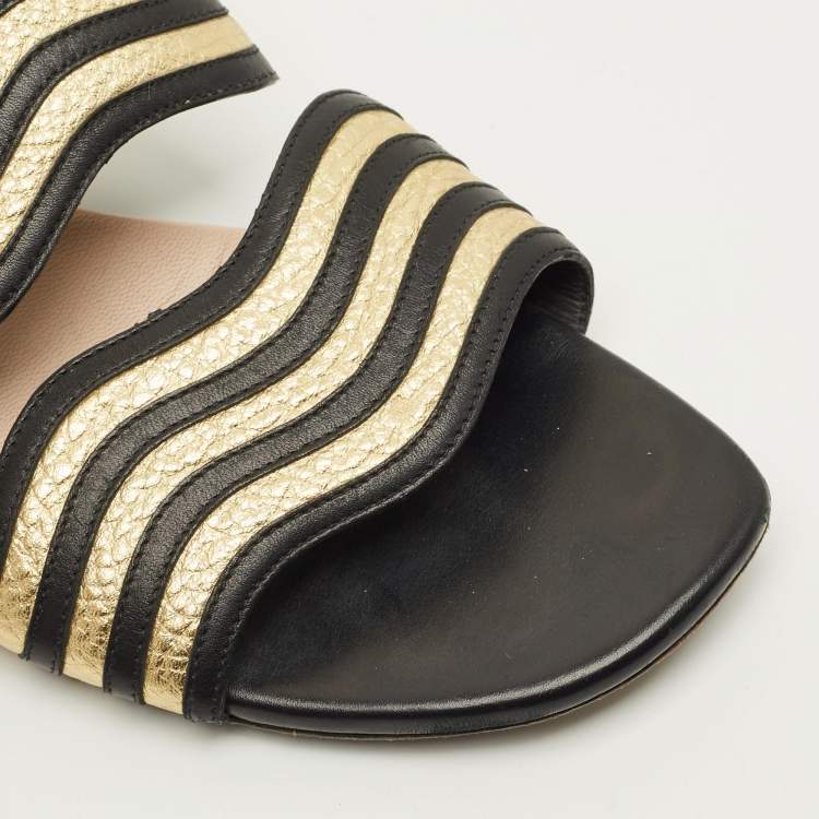 Pre Owned Fendi Striped Wave Size 38 Black/Gold Leather Flat Slide