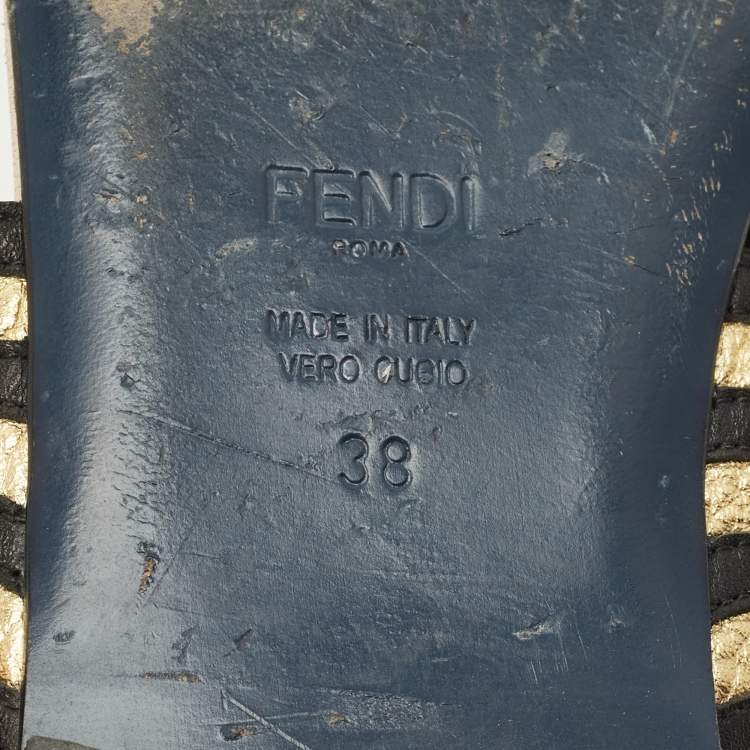 Pre Owned Fendi Striped Wave Size 38 Black/Gold Leather Flat Slide