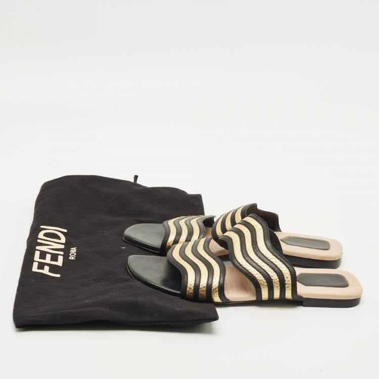 Pre Owned Fendi Striped Wave Size 38 Black/Gold Leather Flat Slide