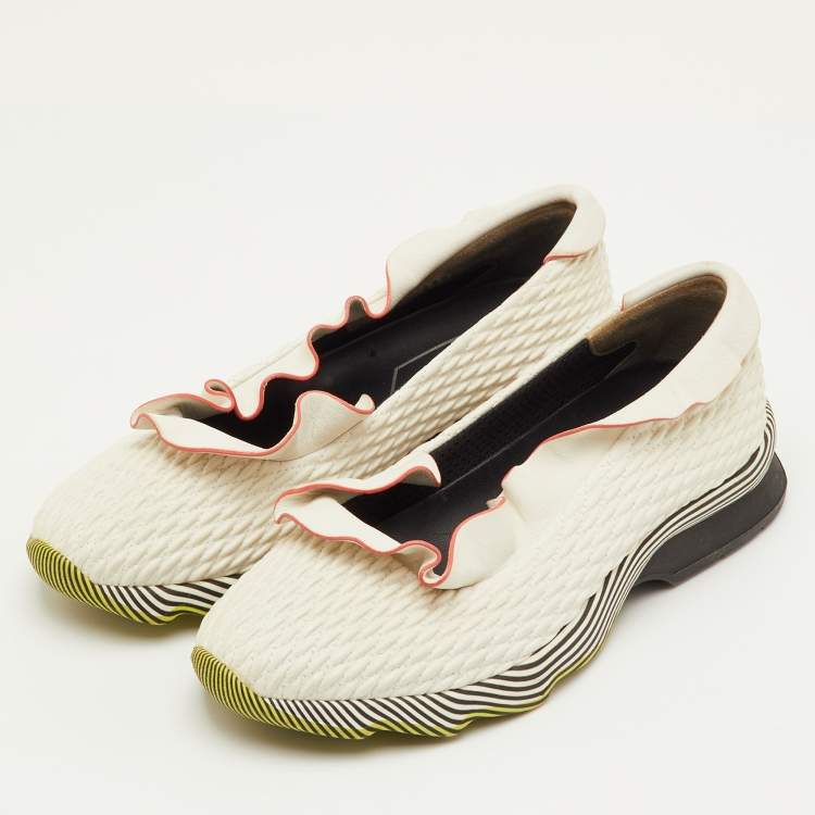 Pre Owned Fendi Size 37 Off White Ruffle Trim Leather Slip On Sneakers