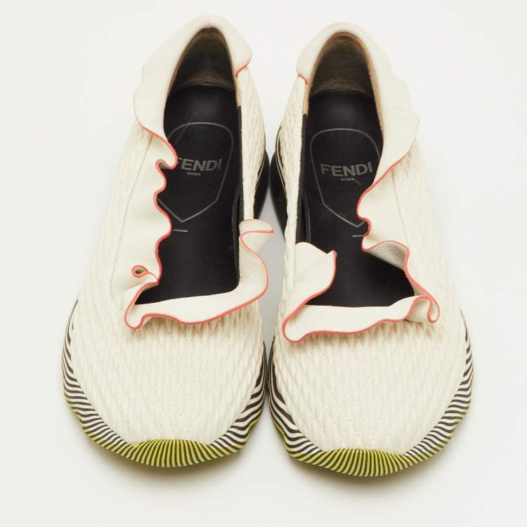 Pre Owned Fendi Size 37 Off White Ruffle Trim Leather Slip On Sneakers