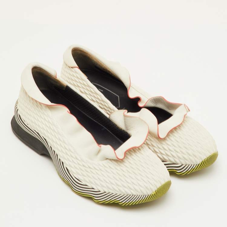 Pre Owned Fendi Size 37 Off White Ruffle Trim Leather Slip On Sneakers