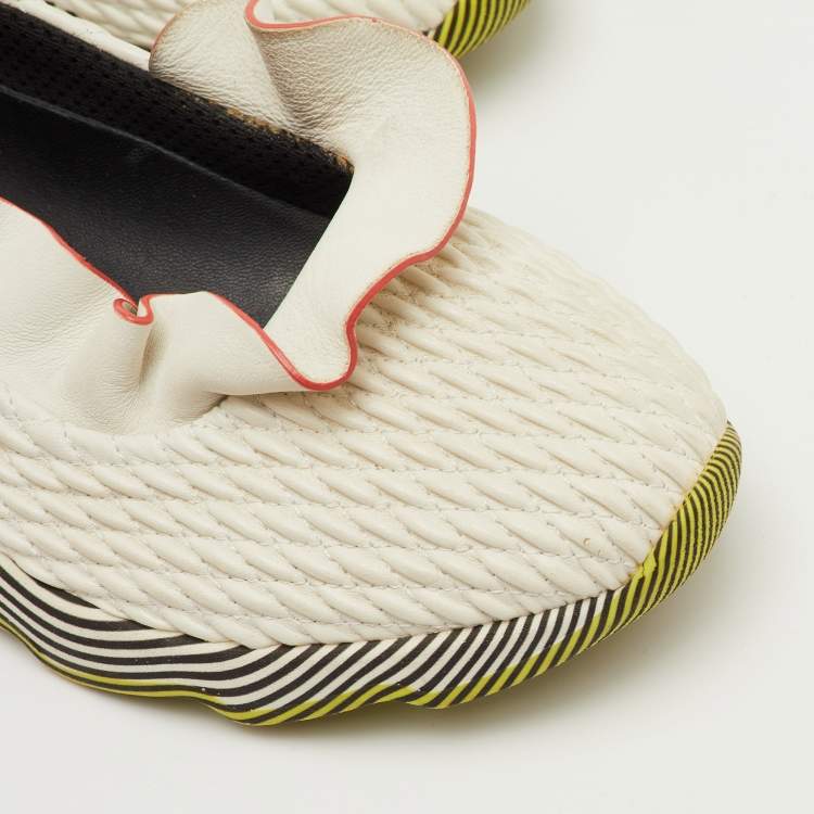 Pre Owned Fendi Size 37 Off White Ruffle Trim Leather Slip On Sneakers