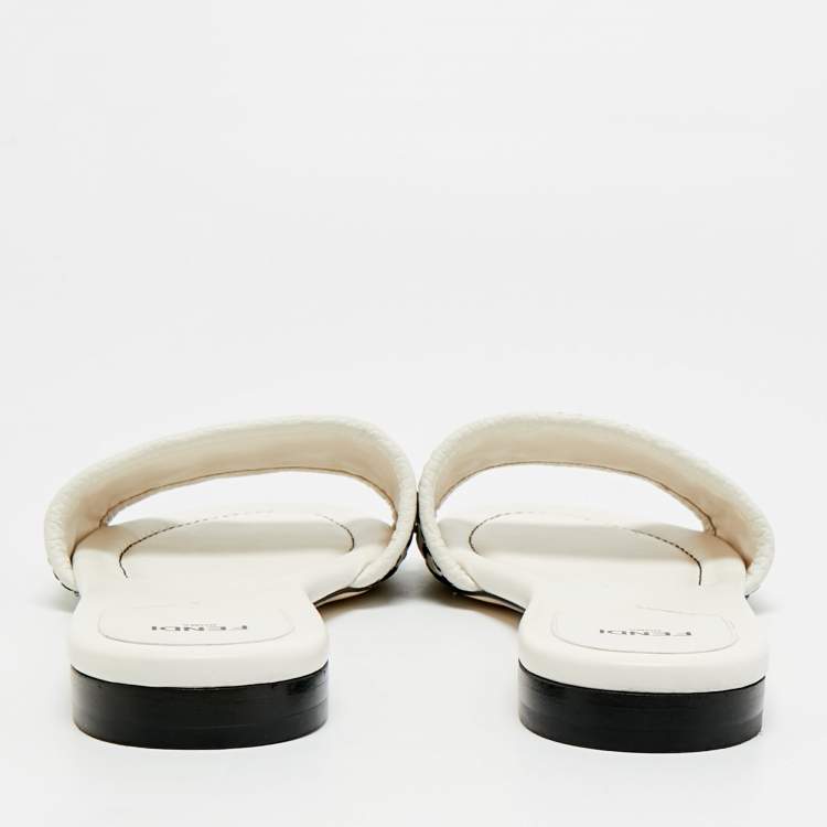 Pre Owned Fendi Size 39 Black/Cream Woven Leather Flat Slides 