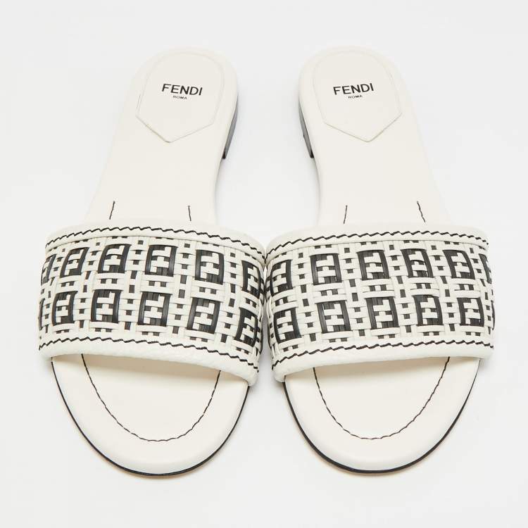 Pre Owned Fendi Size 39 Black/Cream Woven Leather Flat Slides 