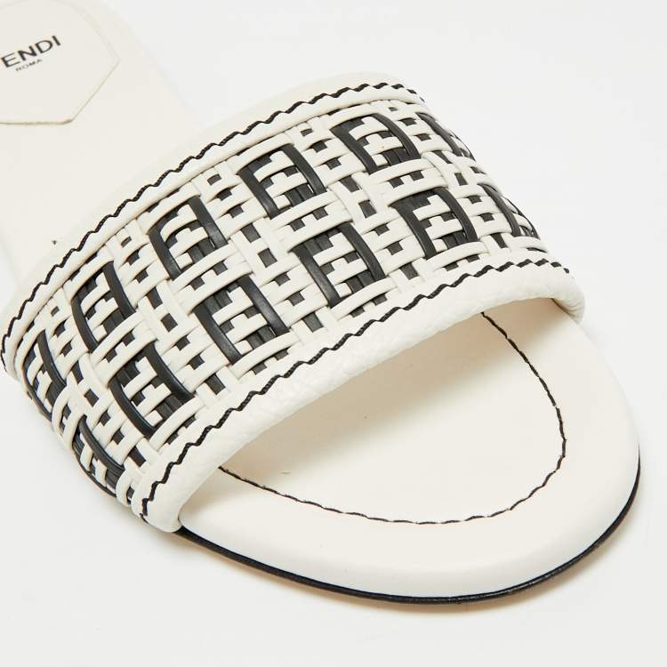 Pre Owned Fendi Size 39 Black/Cream Woven Leather Flat Slides 