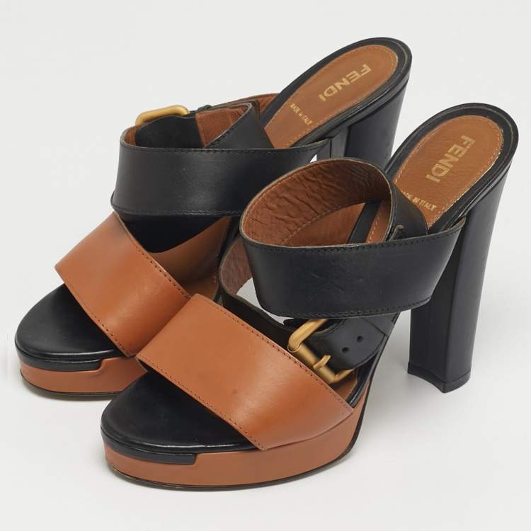 Pre Owned Fendi Size 37.5 Brown/Black Leather Ankle Strap Platform Sandals