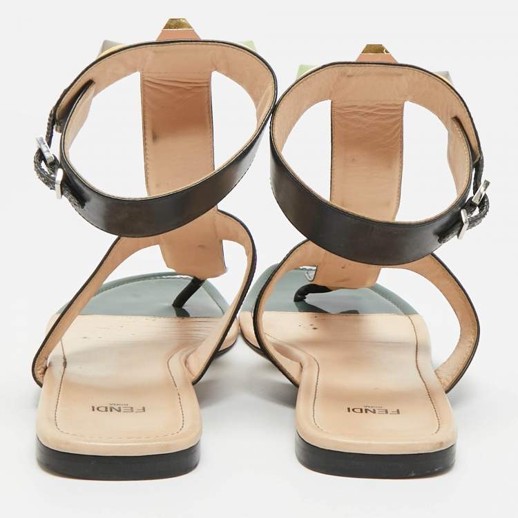 Pre Owned Fendi Size 41 Multicolor Leather Studded Ankle Cuff  Flat Sandals