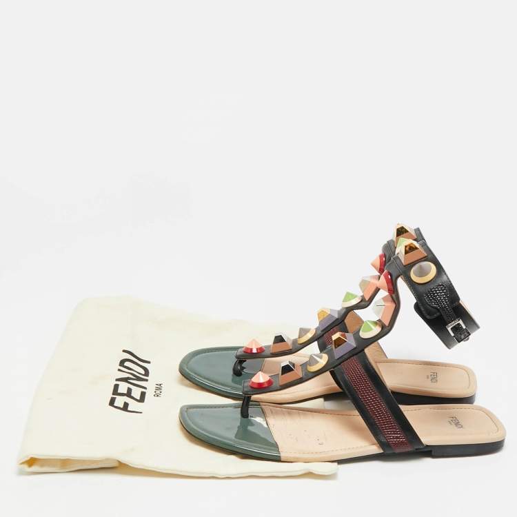 Pre Owned Fendi Size 41 Multicolor Leather Studded Ankle Cuff  Flat Sandals