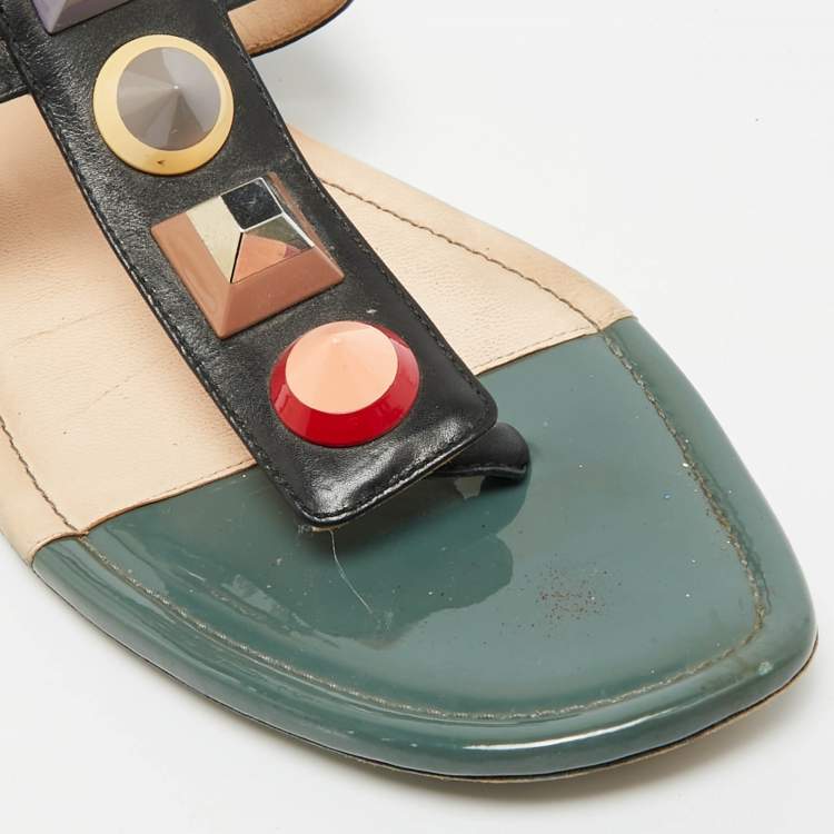 Pre Owned Fendi Size 41 Multicolor Leather Studded Ankle Cuff  Flat Sandals