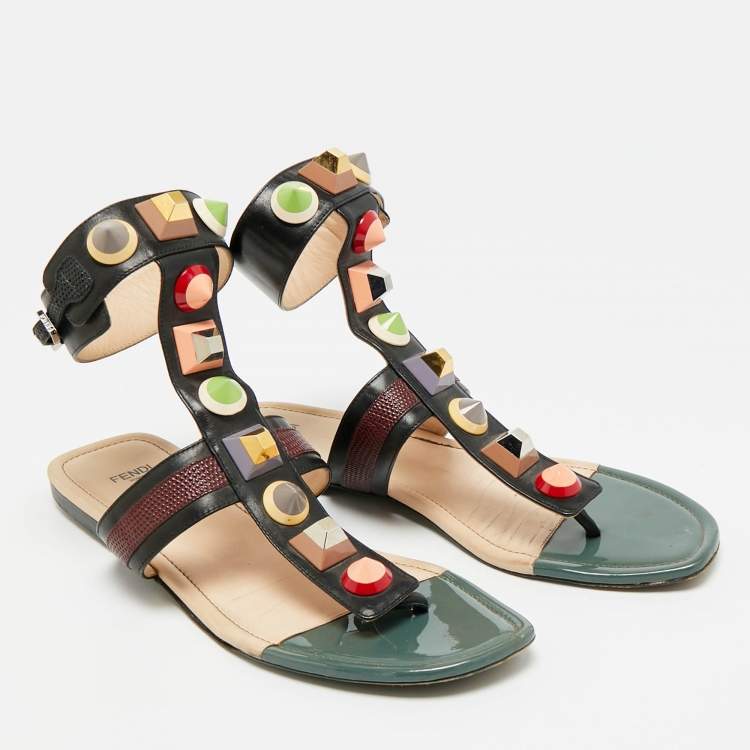 Pre Owned Fendi Size 41 Multicolor Leather Studded Ankle Cuff  Flat Sandals