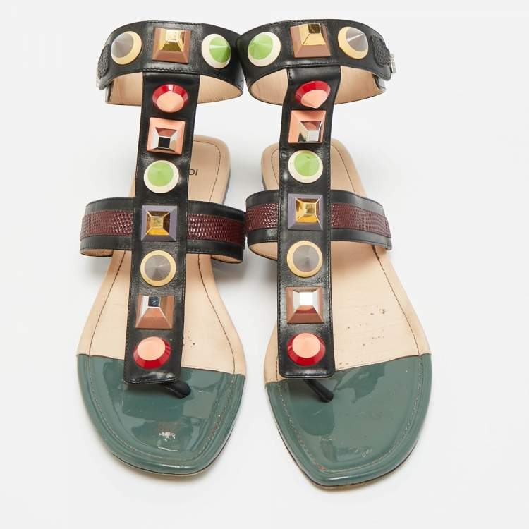 Pre Owned Fendi Size 41 Multicolor Leather Studded Ankle Cuff  Flat Sandals