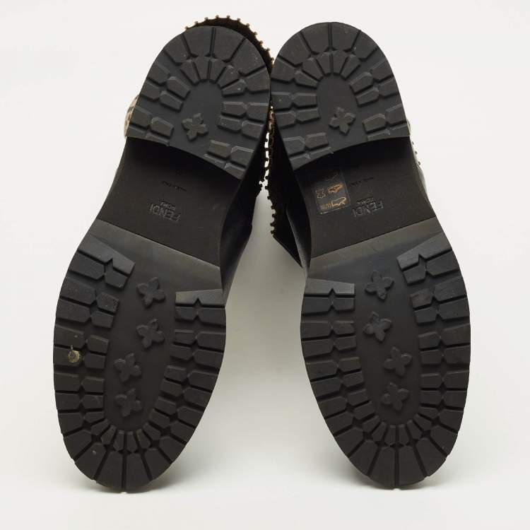 Pre Owned Fendi Sock Size 40 Black/Brown Zucca Fabric and Leather Over The Knee Boots