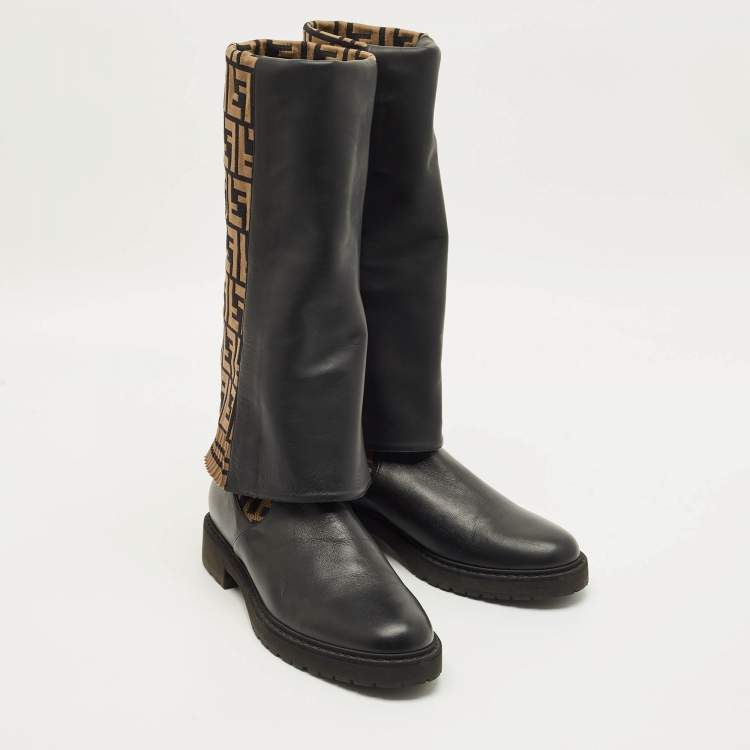 Pre Owned Fendi Sock Size 40 Black/Brown Zucca Fabric and Leather Over The Knee Boots