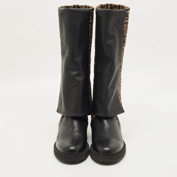 Pre Owned Fendi Sock Size 40 Black/Brown Zucca Fabric and Leather Over The Knee Boots