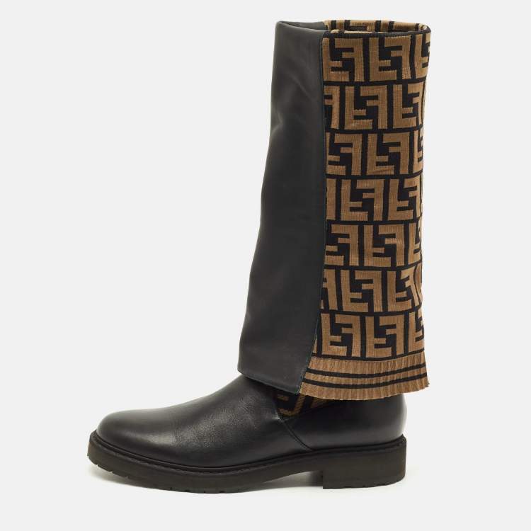 Pre Owned Fendi Sock Size 40 Black/Brown Zucca Fabric and Leather Over The Knee Boots
