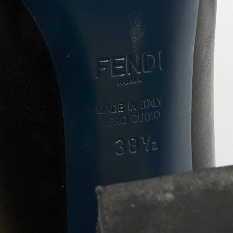 Pre Owned Fendi Scallop Lined Size 38.5 Dark Blue/Green Leather Peep Toe Pumps