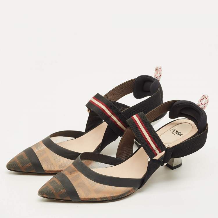 Pre Owned Fendi Colibri Size 38 Black/Brown Zucca Mesh Slingback Pumps