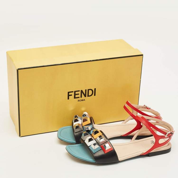 Pre Owned Fendi Fantasia Size 37 Multicolor Leather Ankle Strap Flat Sandals