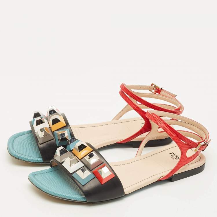 Pre Owned Fendi Fantasia Size 37 Multicolor Leather Ankle Strap Flat Sandals